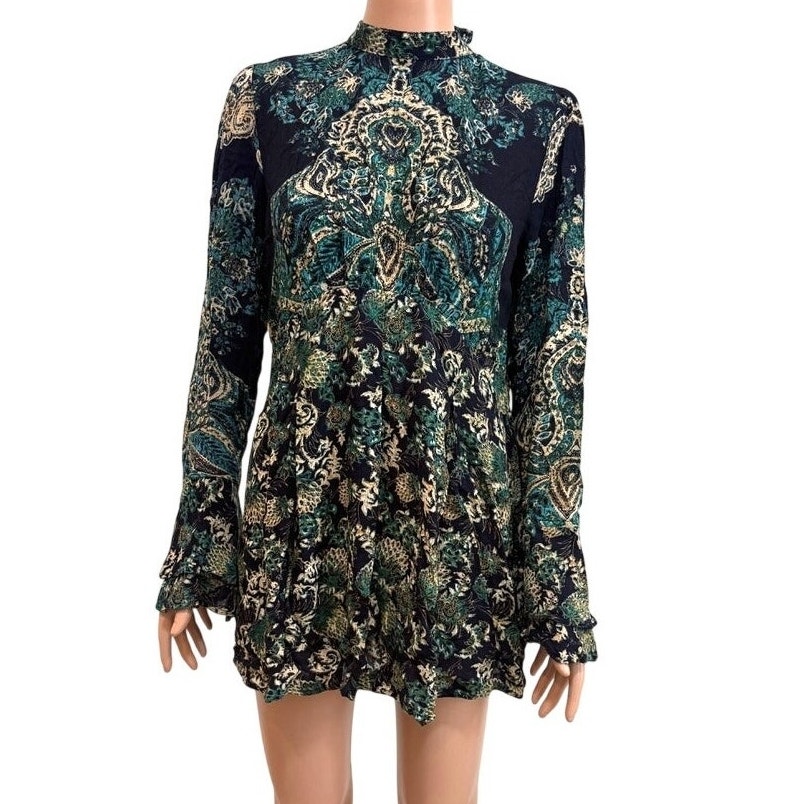 Free People Xs Lady Luck Floral Paisley Bell Sleeve Tunic Dress Tls1 3479